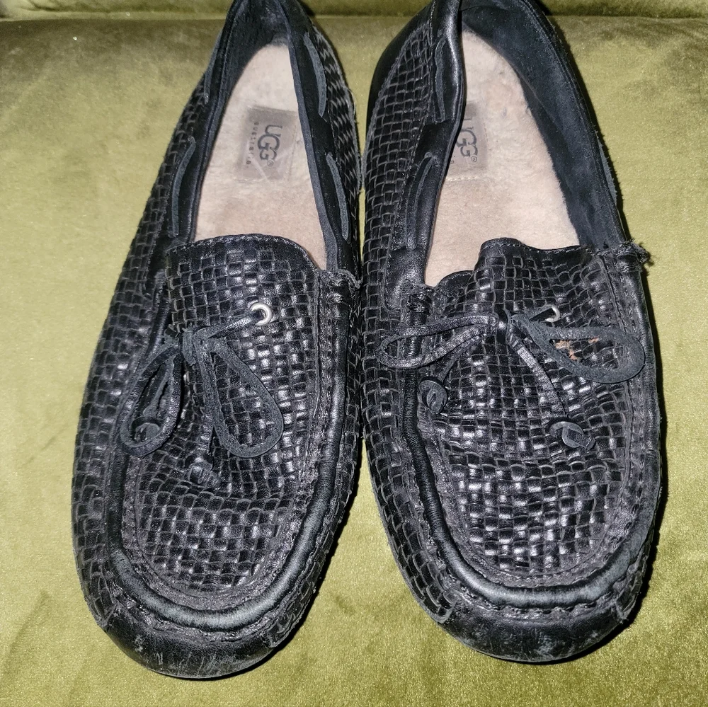 Mens Sz 9 UGG Chester Woven Loafers Black Slip On Shoes Wool Lining